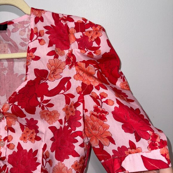 Lulus Floral Button-Up Blouse Crop Top Small V-Neck Short Sleeve Pink & Red - Picture 6 of 7